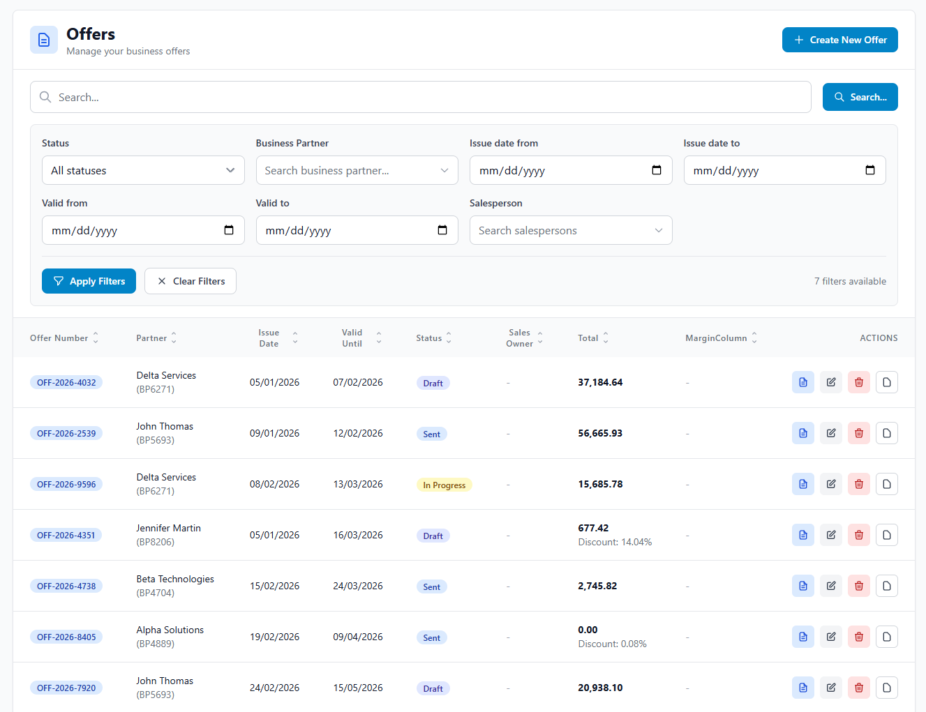 iNTAkt CRM module showing customer pipeline, offers, and sales tracking