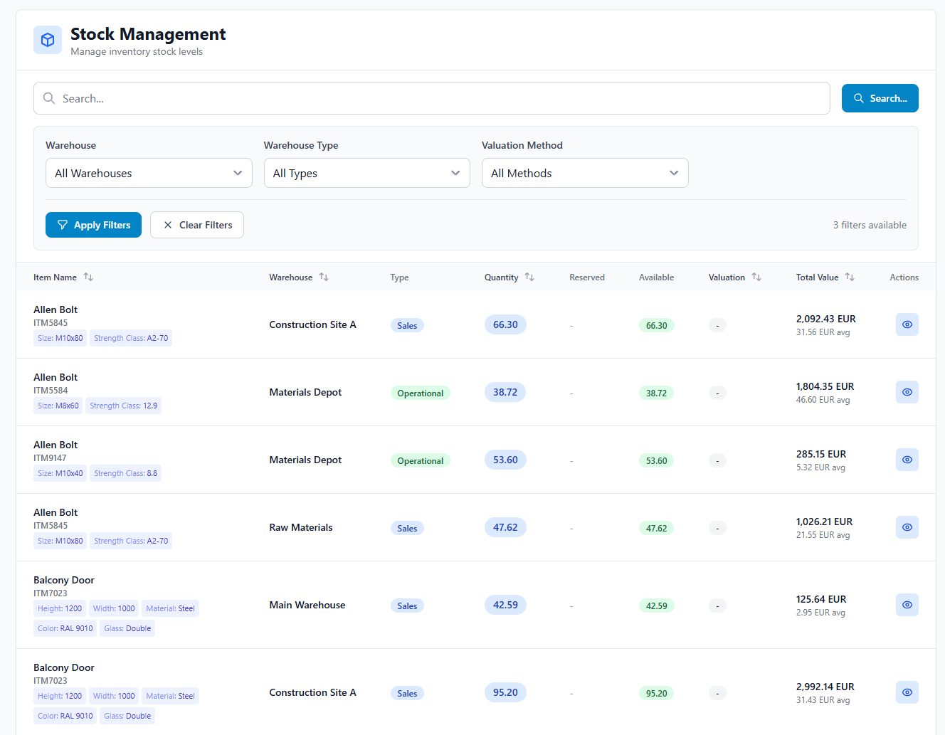 iNTAkt warehouse module showing multi-warehouse stock levels with real-time availability