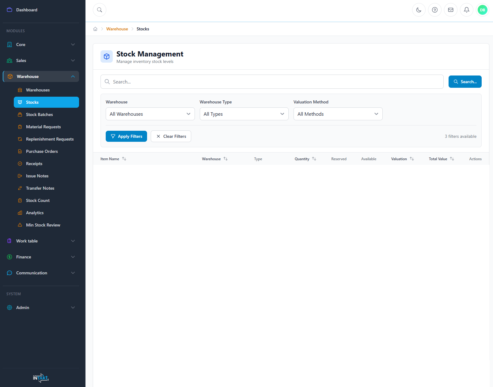 iNTAkt stock management interface header