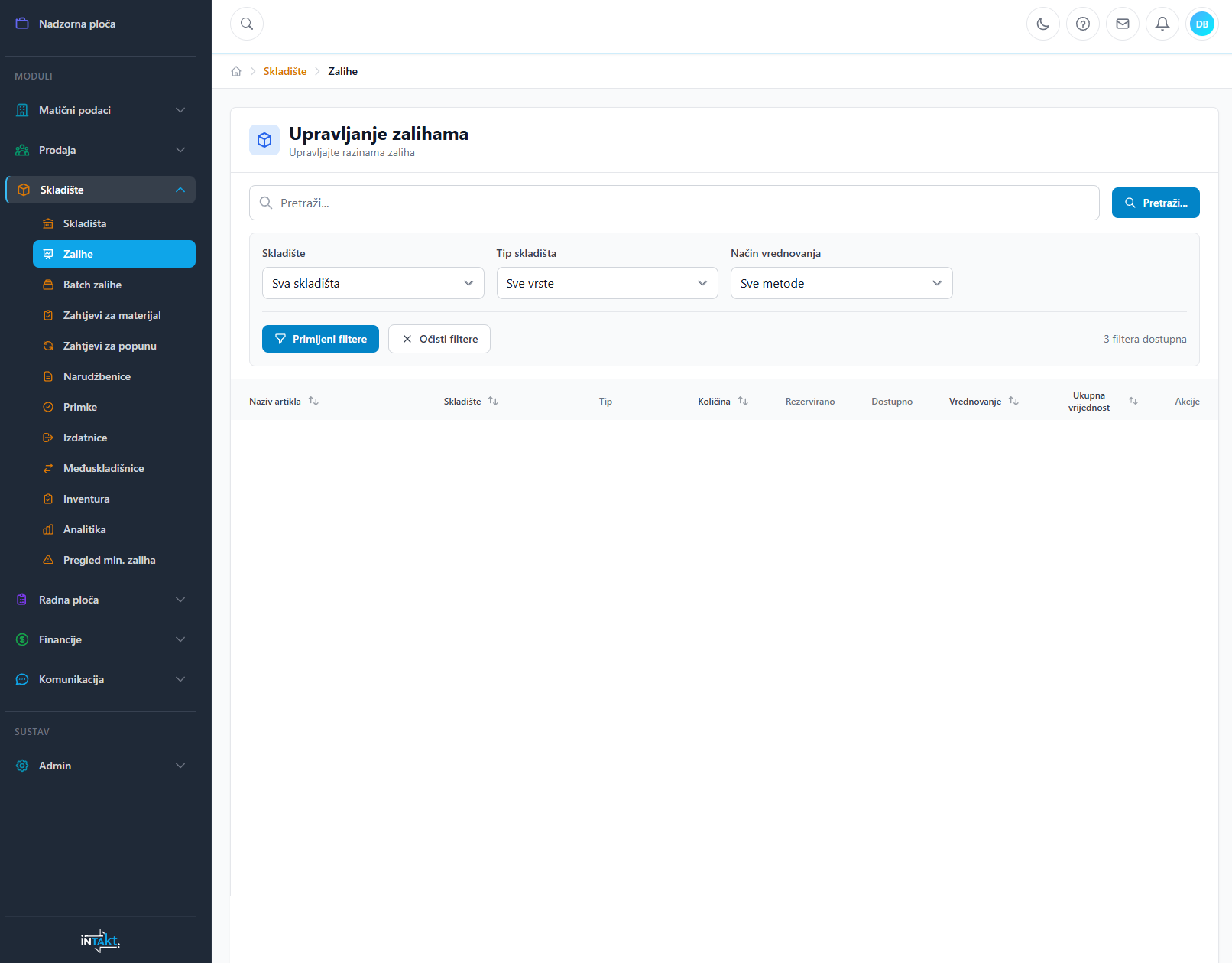 iNTAkt sučelje za upravljanje zalihama