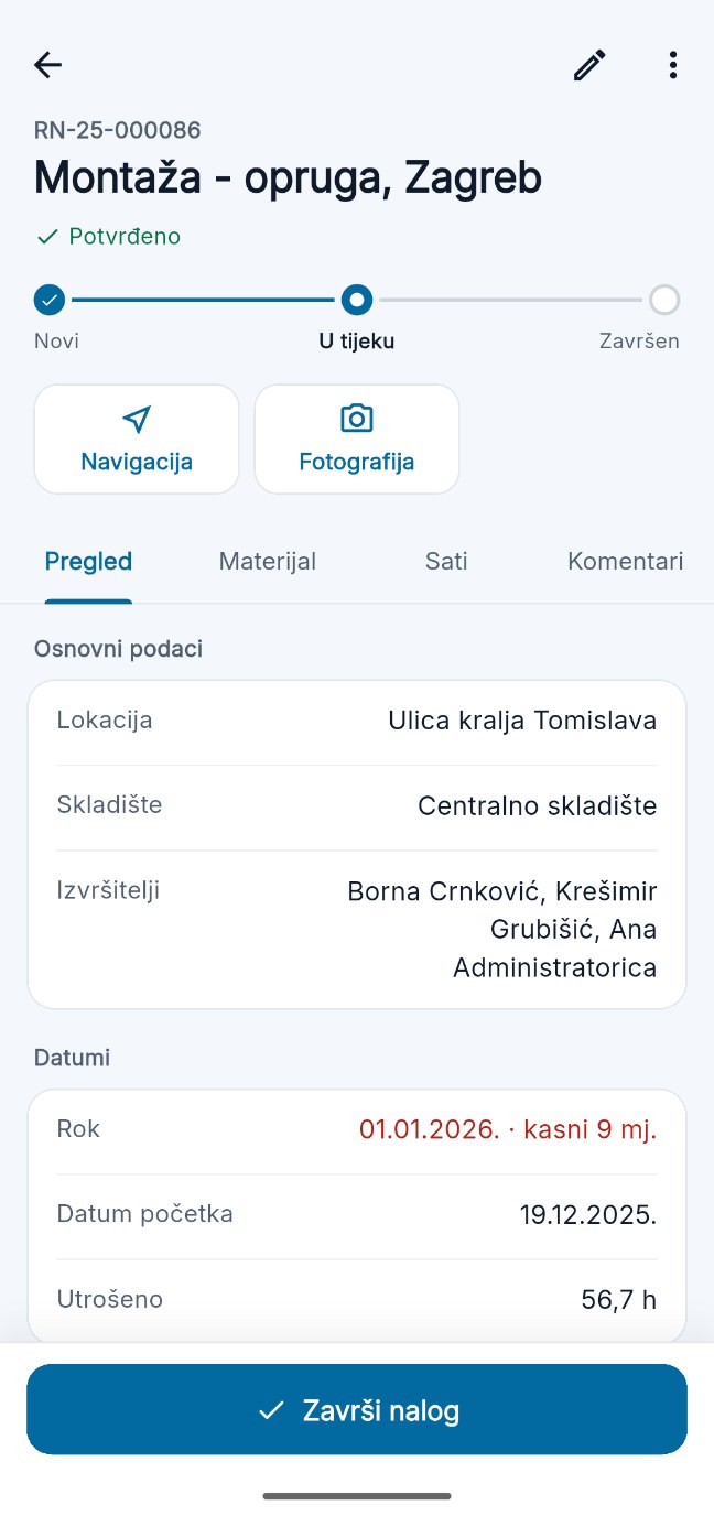 InTakt mobilna aplikacija - detalji radnog naloga